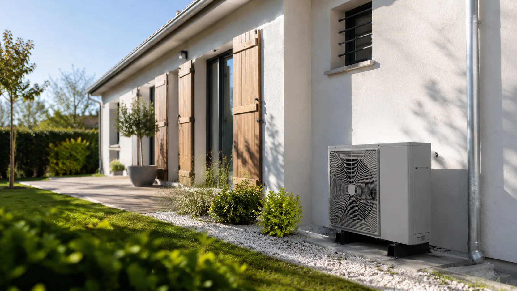 Pompe à chaleur installée sur le côté d'une maison individuelle