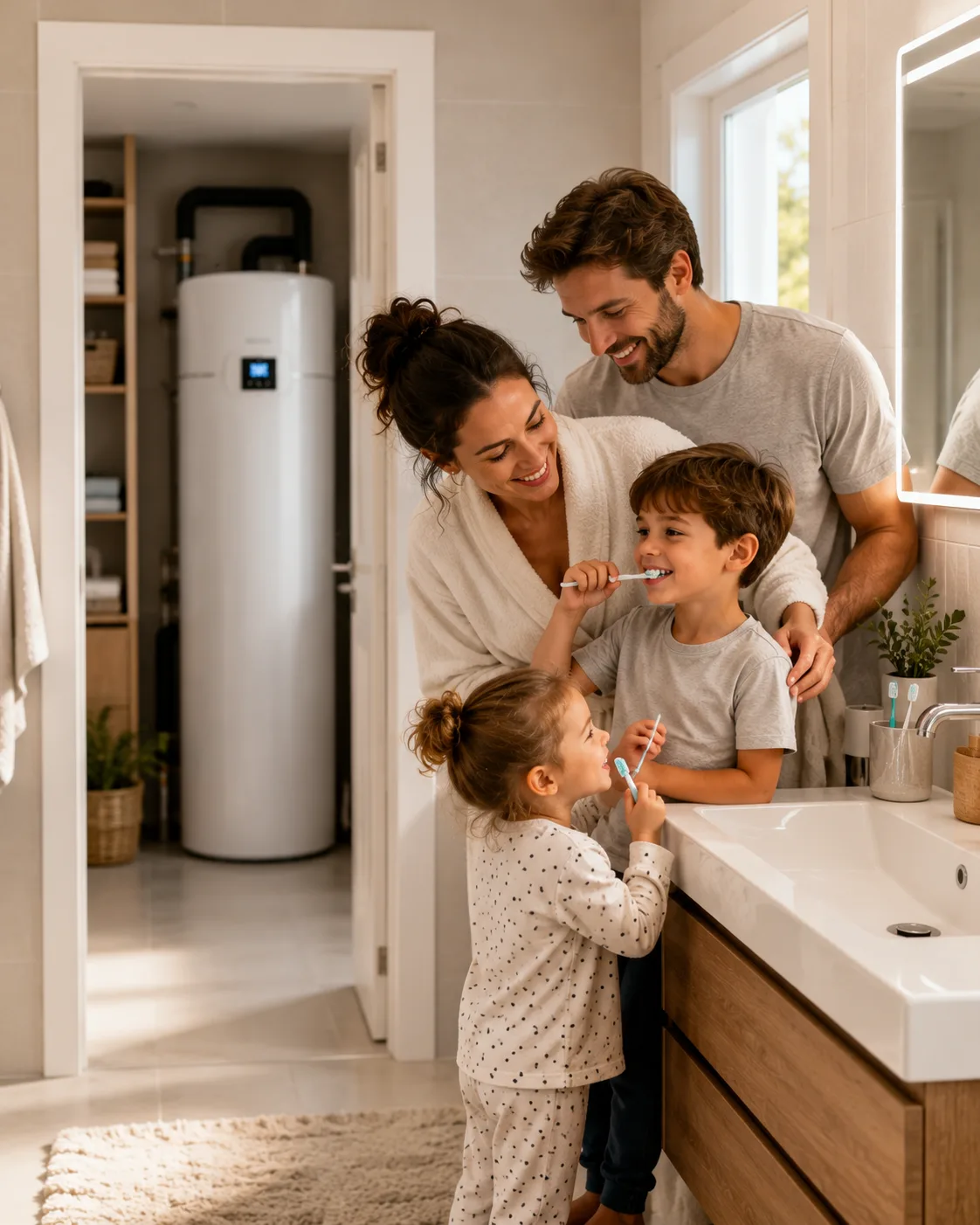 Famille profitant d'eau chaude avec un ballon thermodynamique PRAIMY