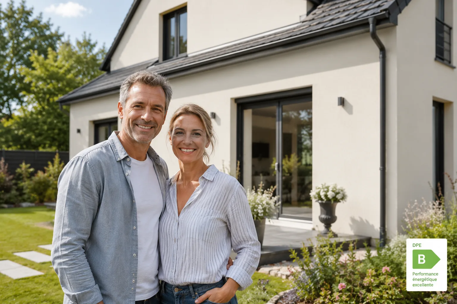 Couple devant leur maison rénovée avec façade isolée par l'extérieur
