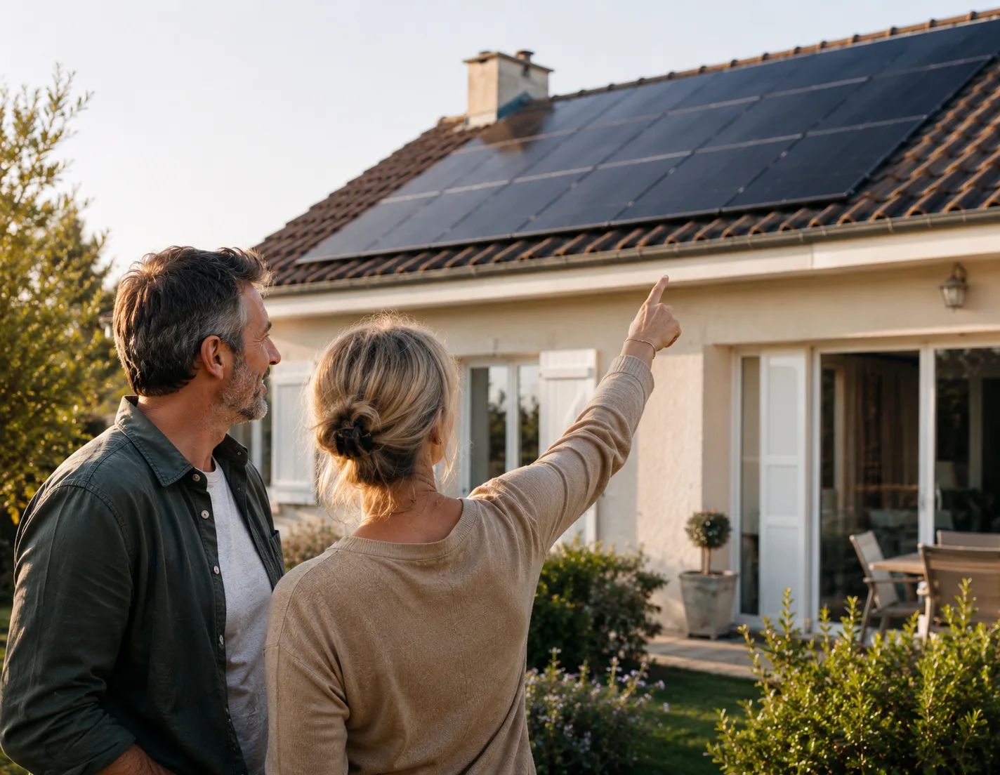 Propriétaire devant sa maison équipée de panneaux photovoltaïques PRAIMY