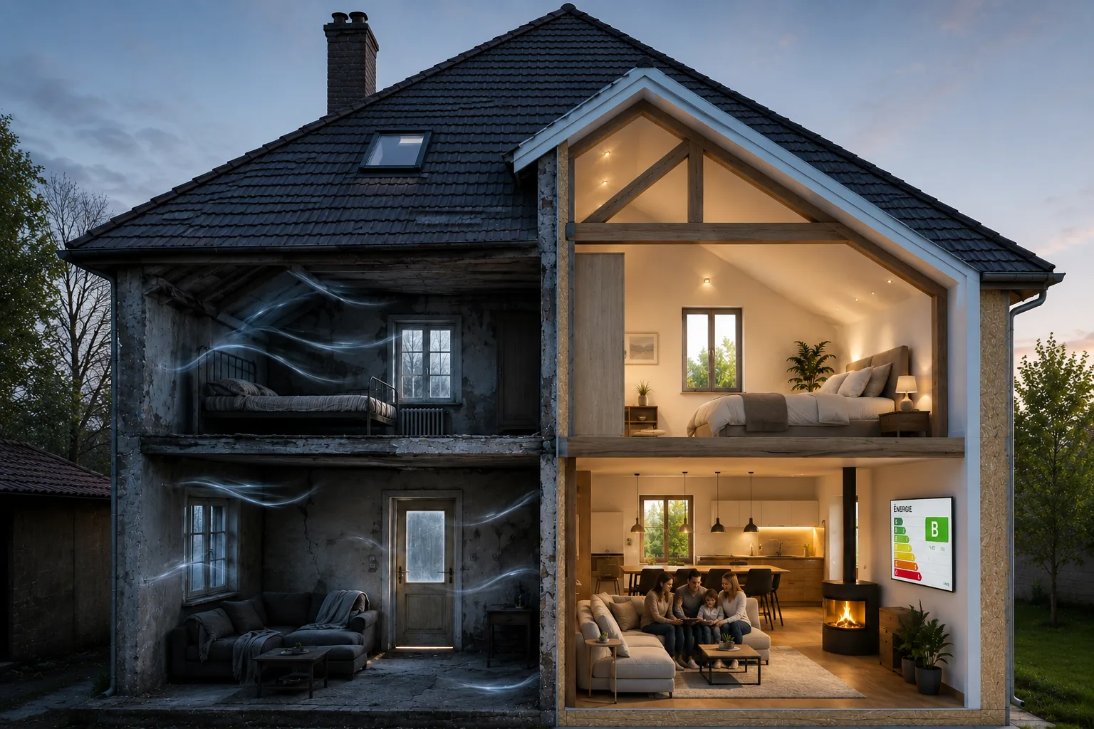Avant/après isolation : maison froide et passoire thermique vs intérieur chaleureux avec DPE B