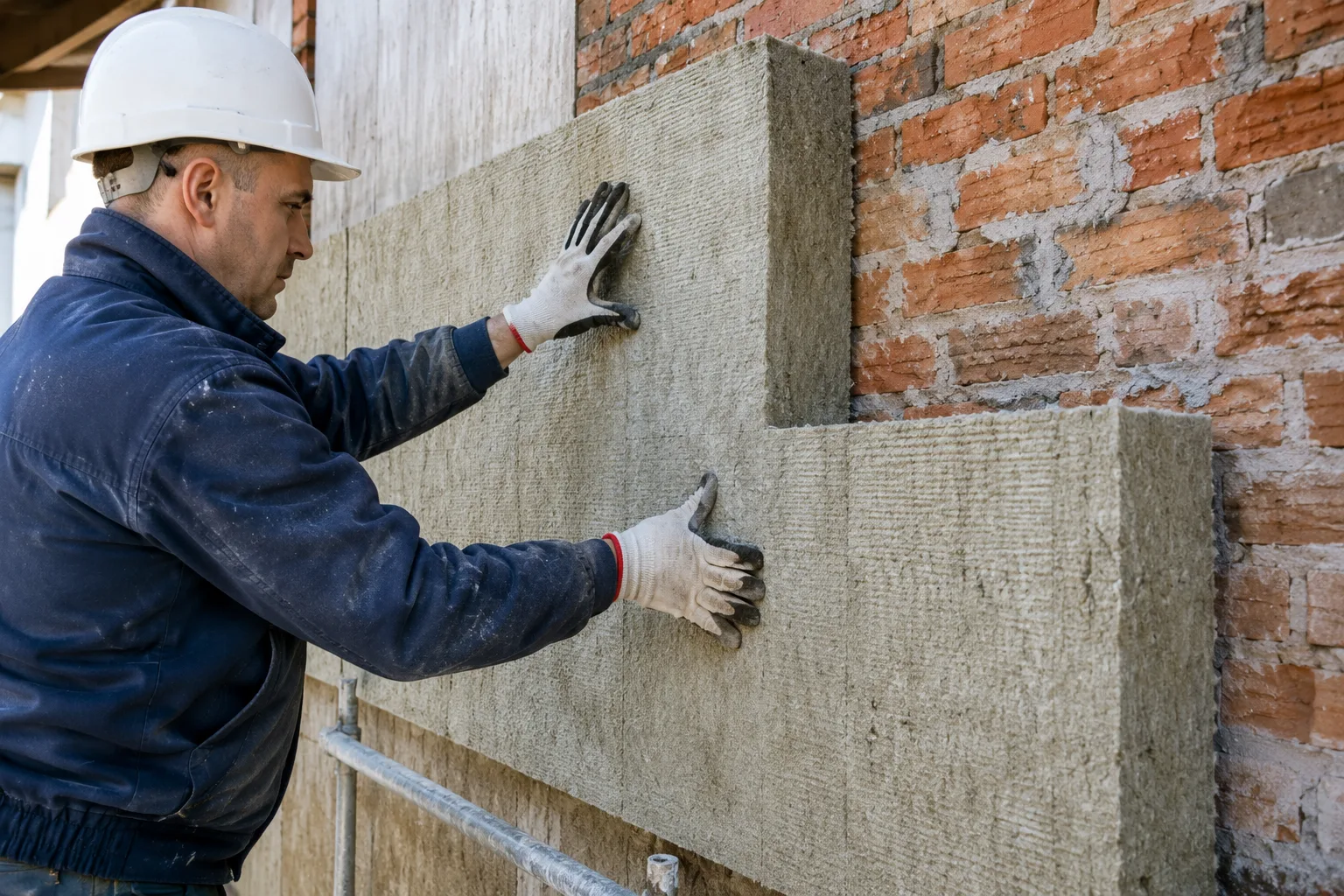 Pose de laine de roche sur façade pour isolation ITE
