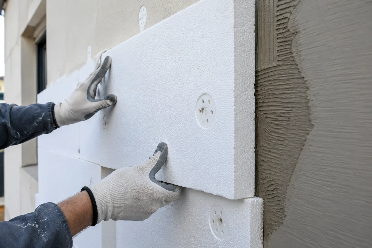 Pose de panneaux polystyrène expansé sur façade pour ITE