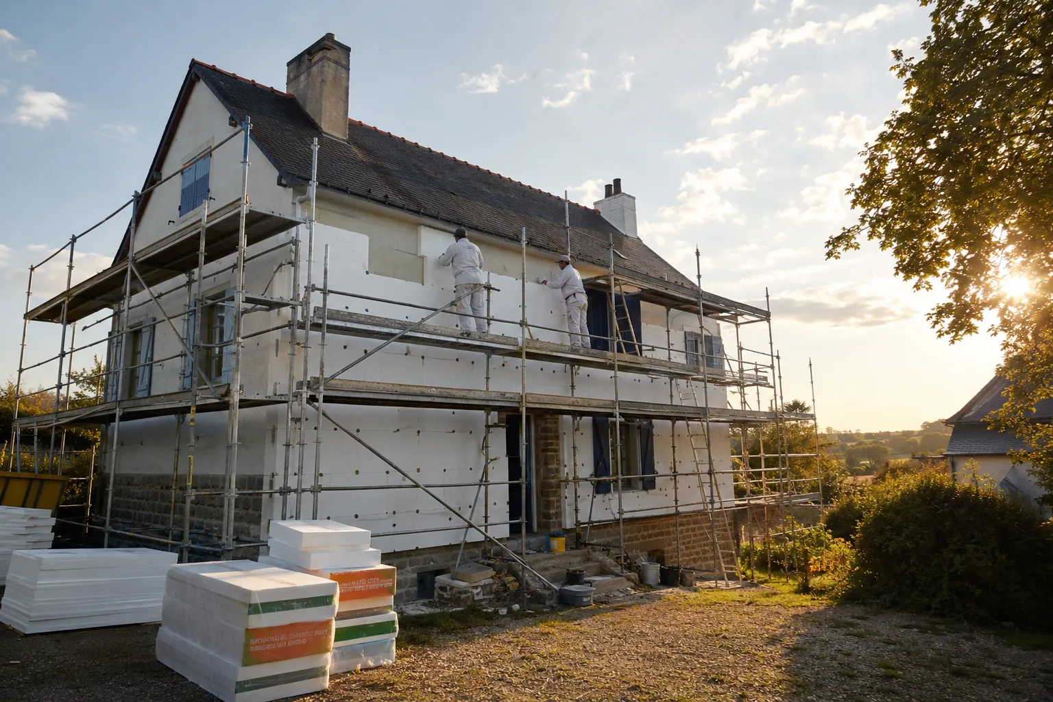 Chantier d'isolation thermique par l'extérieur sur une maison française