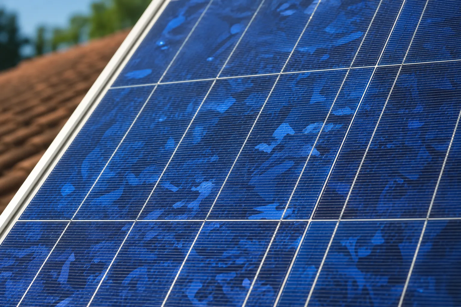 Panneaux photovoltaïques polycristallins bleutés sur toit