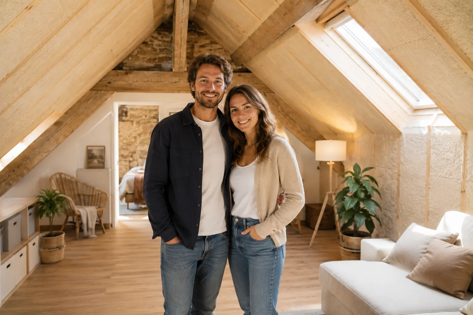 Couple heureux dans leurs combles aménagés après isolation PRAIMY