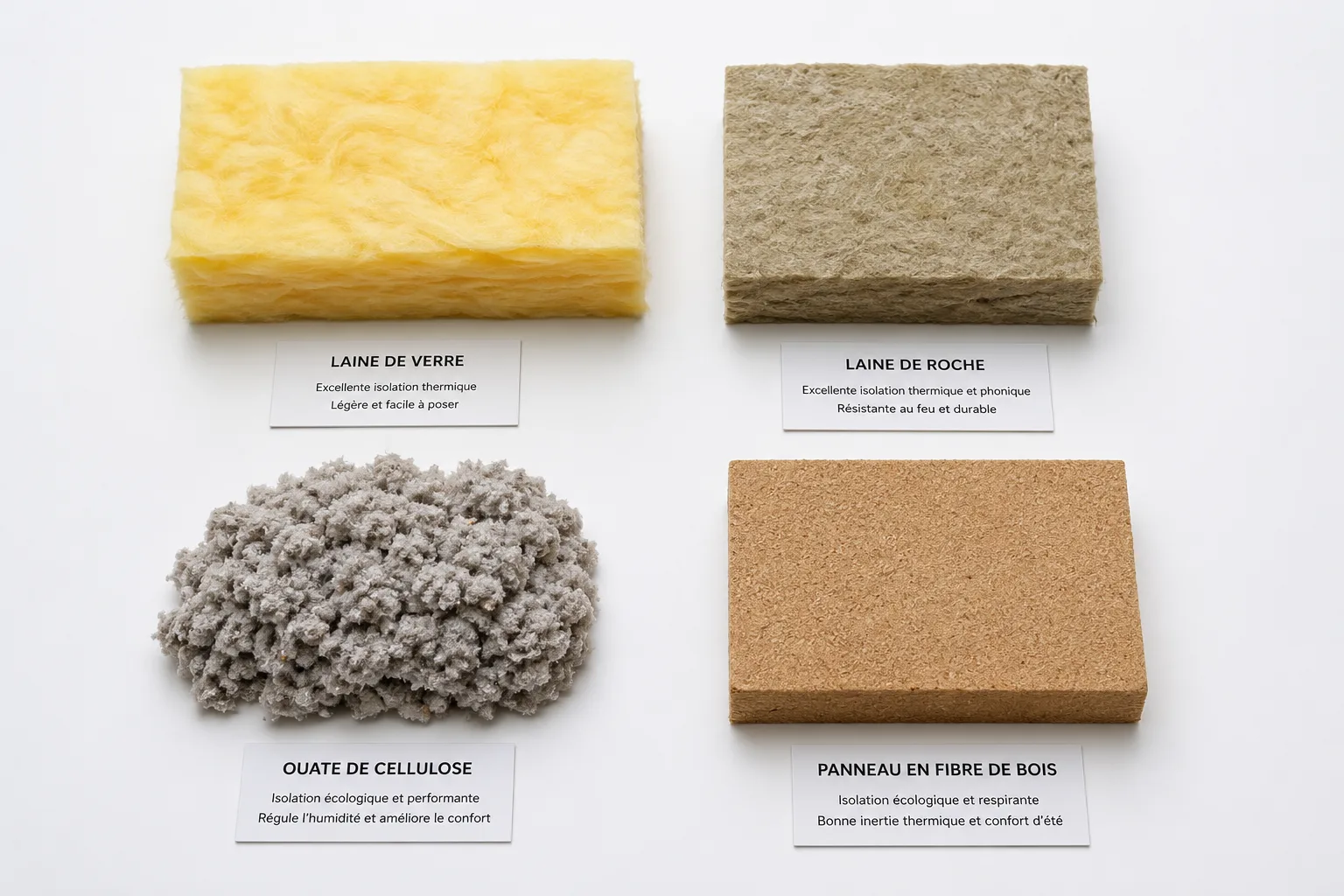 Les 4 matériaux isolants : laine de verre, laine de roche, ouate de cellulose, fibre de bois